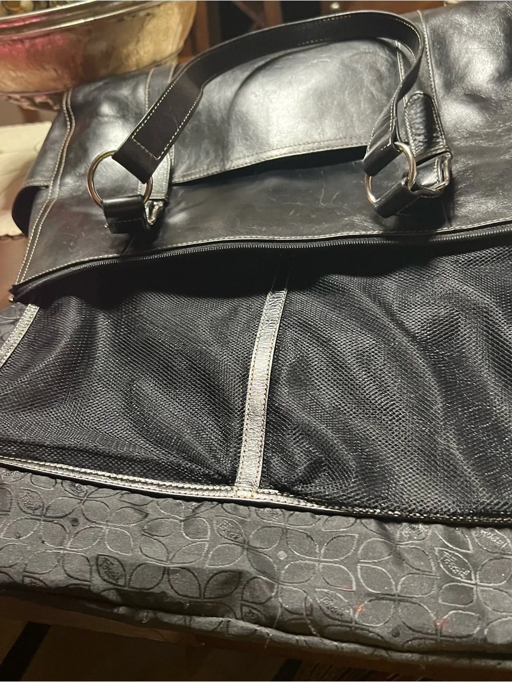 Fossil Black Leather Purse/ Briefcase with Magenta Lining